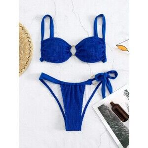 Medium Blue Smocked Ring Linked Wireless Bra & Tie Side Bottom Bikini Swimsuit